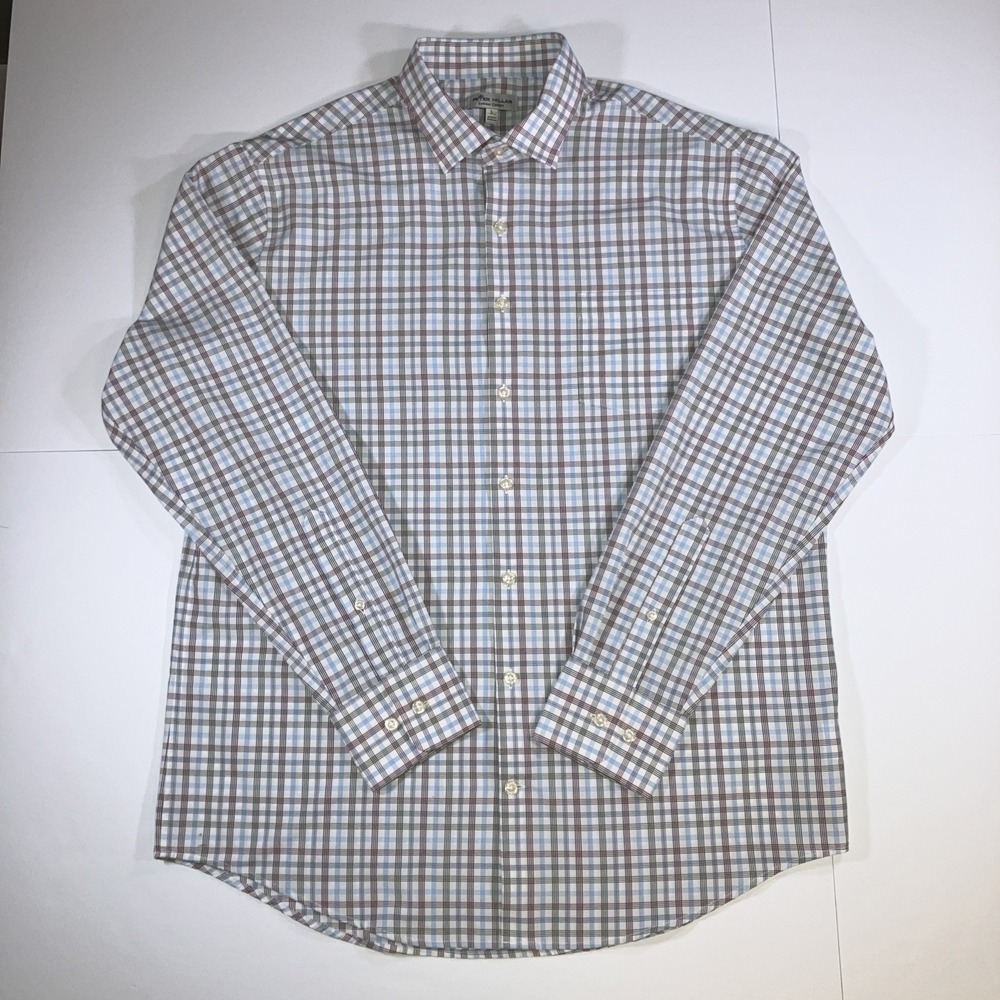 Peter Millar Summer Comfort Shirt L Blue Red Tattersall Check Plaid Button Down - Picture 3 of 16